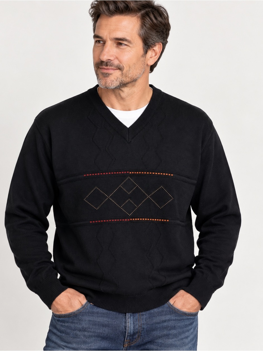 Tagio Italy Men’s Merino Wool Blend V-Neck Sweater Black Argyle